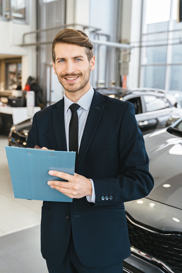 Confident car salesman in a suit with clipboard in a modern dealership showroom.